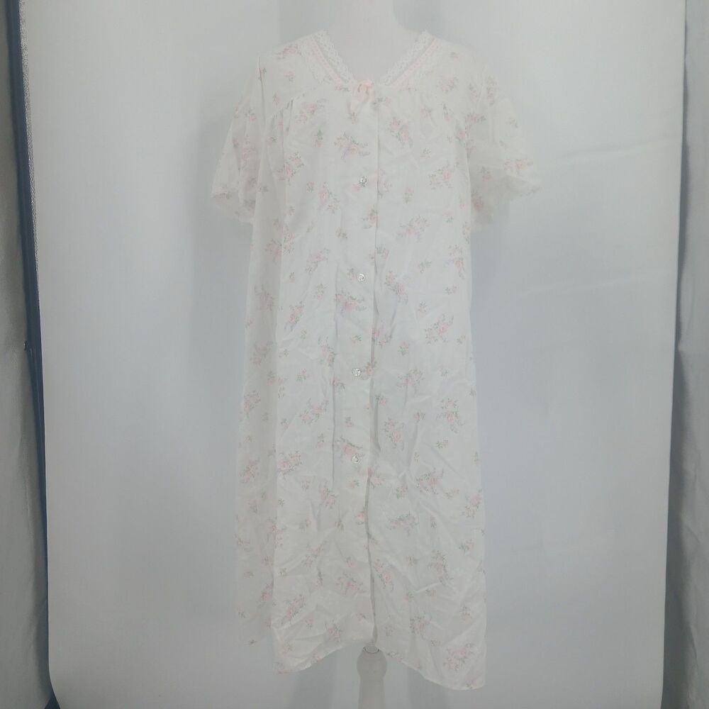 Vintage womans Night Time Creations Floral Lace Nightgown Size L white and pink